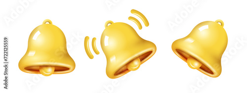 Yellow 3d notification bell icon set isolated on white background. Realistic vector icon for social media reminder