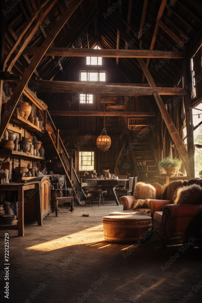 Abandoned barn interior with a bucket of hay in the foreground