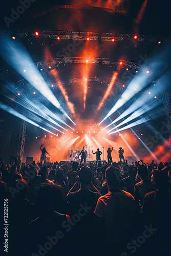 Concert crowd in front of a bright stage lights, music festival