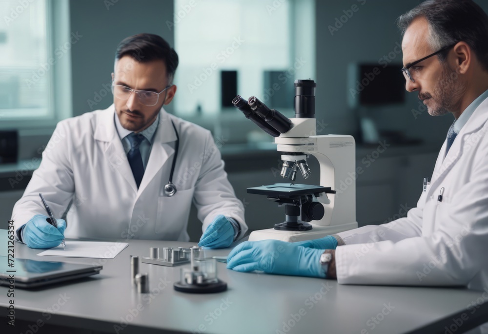 Side view of crop anonymous male medic in uniform and mask using microscope while working in lab near woman colleague