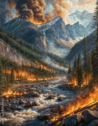  Forest fire in the mountains and on a river. generative ai