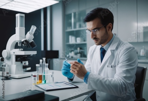 Side view of crop anonymous male medic in uniform and mask using microscope while working in lab near woman colleague