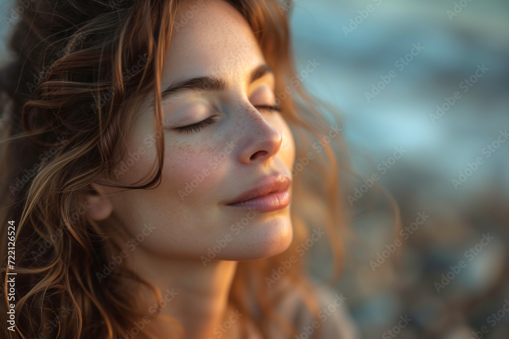 Close-up portrait of a serene middle-age woman with a gentle smile, basking in the golden light of sunset. Created with Generative AI