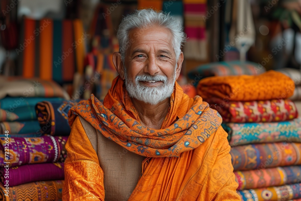 Indian street vendor selling colorful traditional textiles at a bustling market