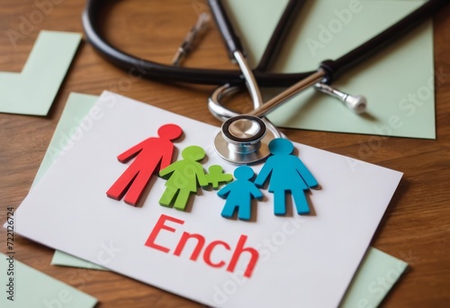 Wallpaper Mural Take out health insurance for family. Stethoscope, paper heart and silhouette of family on wooden background top view Torontodigital.ca