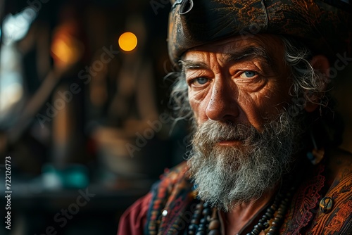 Portrait of a bearded man dressed in a pirate costume, looking piercingly into the camera against the backdrop of an ornate nautical-style interior. concept: sea pirates, travel robbers photo