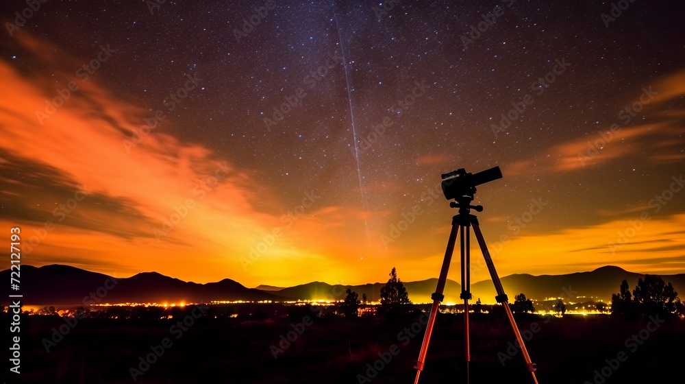 The telescope on a tripod is aimed at the starry sky with the visible strip of the Milky Way and the greenish northern lights against the background of the night nature. concept: starry sky, astrology