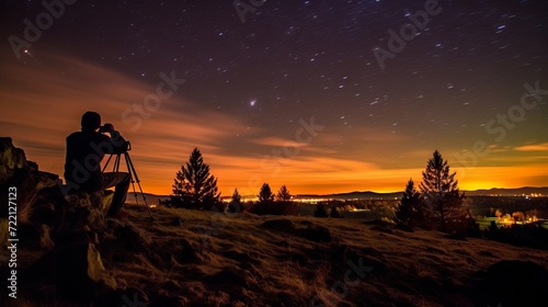 Silhouette of a photographer working with a tripod against a spectacular sunset with multiple hues and a mountainous landscape in the distance. concept: starry sky, astrology space