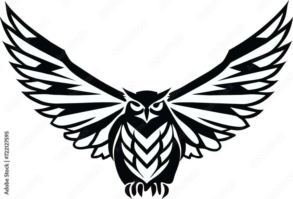 Fototapeta premium Black and White Stylized Owl Spread Wings Vector Illustration for logos and heraldic symbols