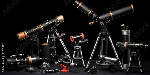 A collection of assorted telescopes on tripods are placed against a dark background, showcasing a wide range of astronomical equipment for exploring the night sky. photo