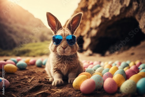 bunny and easter eggs in its cave peak mountain wearing sunglasses and leaving luxury life at nature  photo