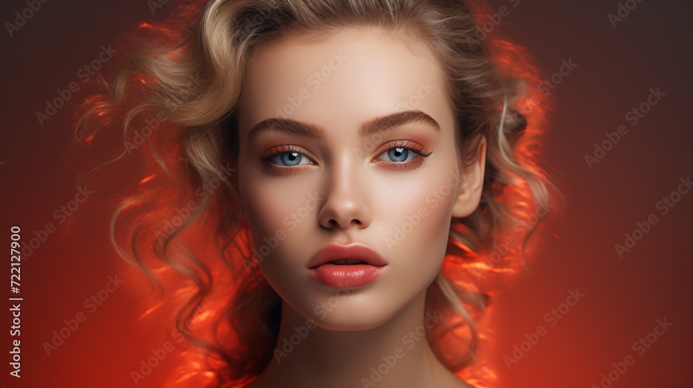 Naklejka premium portrait of a woman, beautiful blonde girl on a red background
