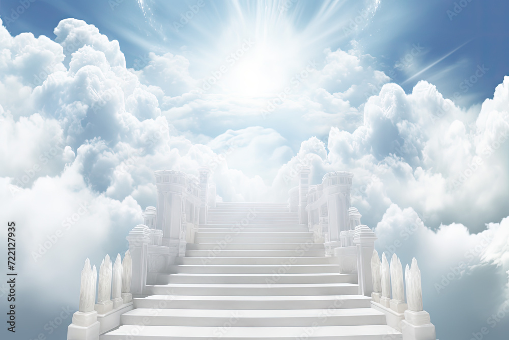 Stairway leading up to bright sky with clouds and sunlight