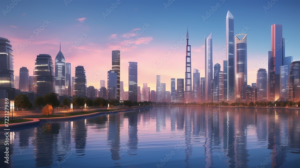 Urban cityscape at twilight with illuminated skyscrapers reflecting in a calm river