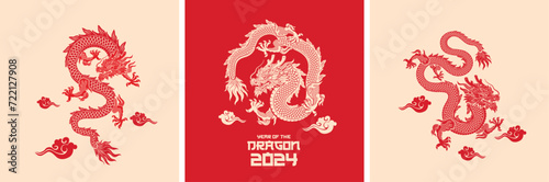 Collection of Traditional Chinese Dragon. Big set of red asian dragons. Happy Chinese New Year 2024 year of the gold dragon zodiac sign with asian elements golden paper cut style