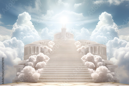 Stairway leading up to bright sky with clouds and sunlight