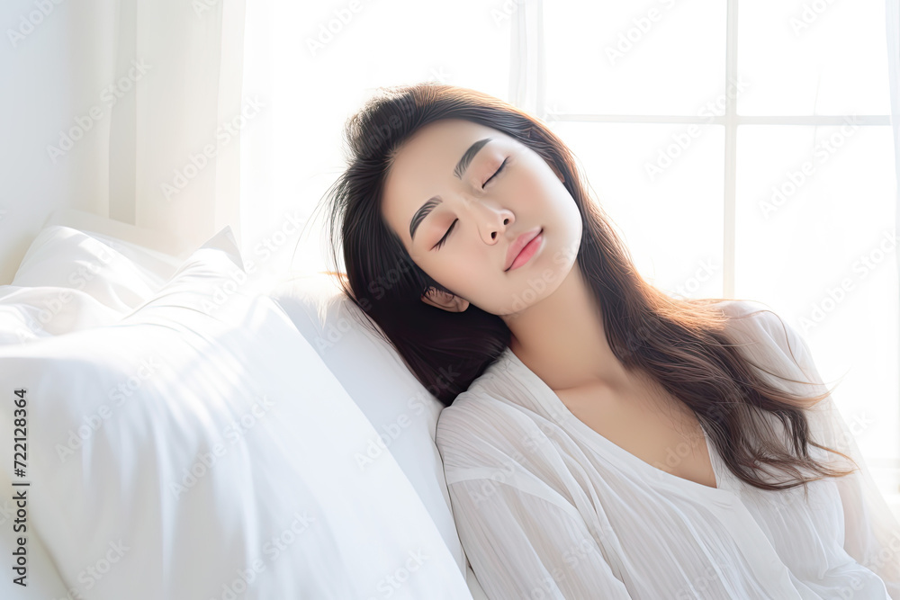 Beautiful asian woman sleeping on the bed in the morning Beautiful asian woman sleeping on the bed in the morning