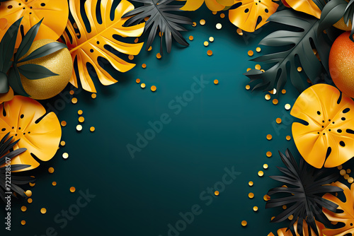 Creative layout made of tropical leaves on black background. Flat lay, top view, copy space