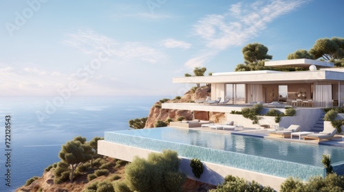 3d rendering of a luxury villa with pool and sea view © Aner