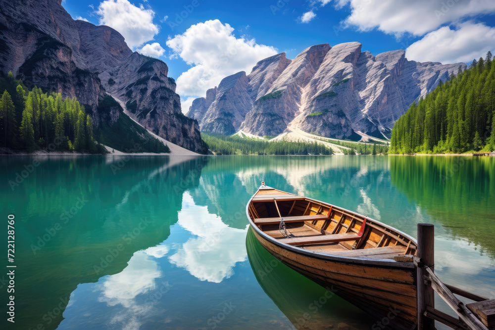 Fantastic view of famous Braies lake in Dolomites, Italy