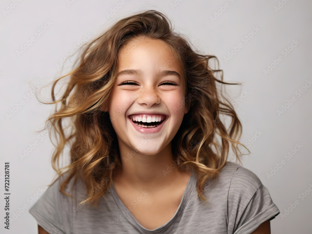 Cheerful young girl laughs at Studio portrait photo on white background Cheerful young girl laughs at Studio portrait photo on white background