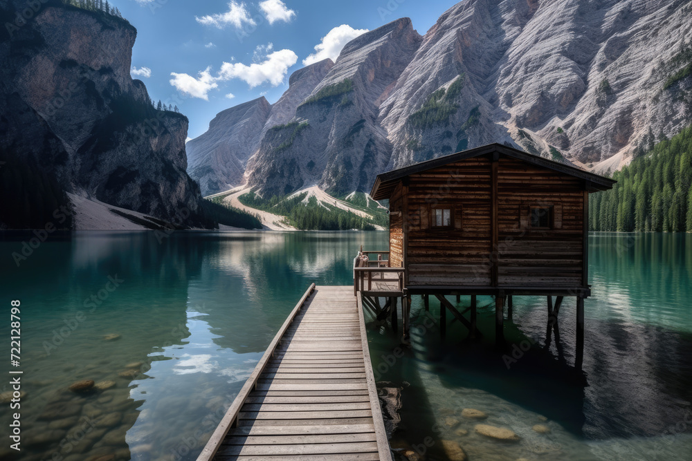Fantastic view of famous Braies lake in Dolomites, Italy
