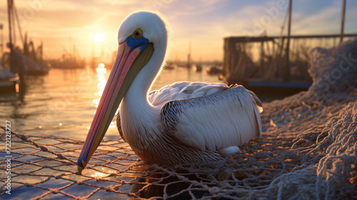 pelicans at sunset,Pelican in the sea got entangled in a net