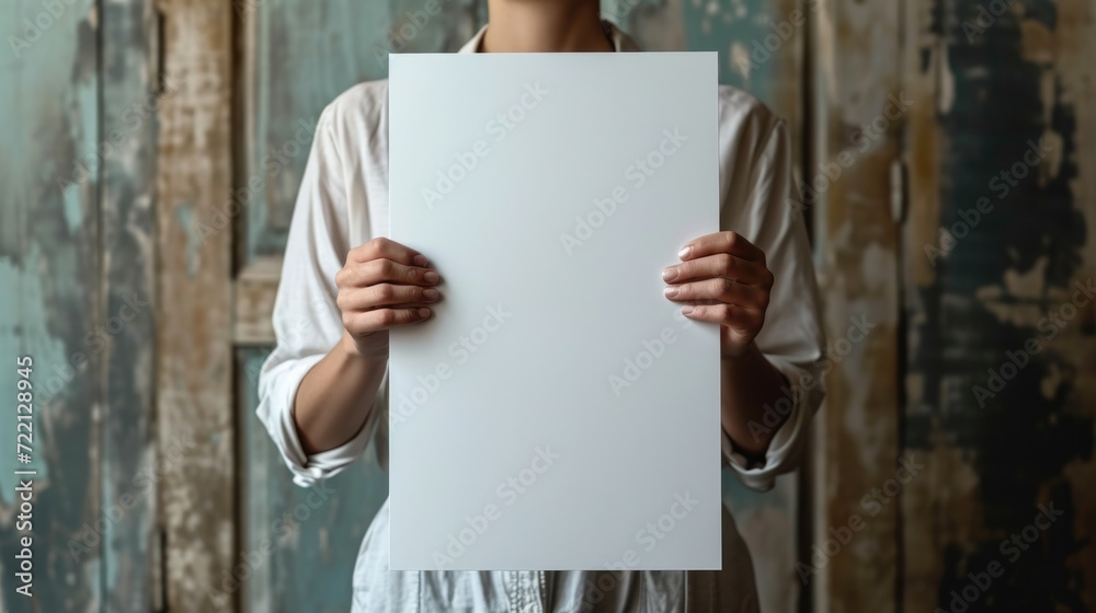 A person holding a poster featuring a blank white mockup poster, The poster is in front view A person holding a poster featuring a blank white mockup poster, The poster is in front view