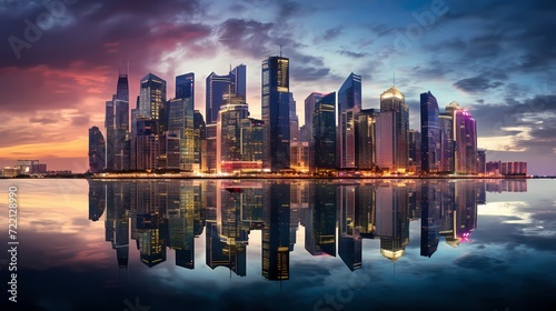 Urban cityscape at twilight with illuminated skyscrapers reflecting in a calm river © CREATER CENTER