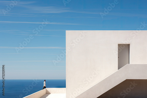 House in the sea with reflection of a man on the water