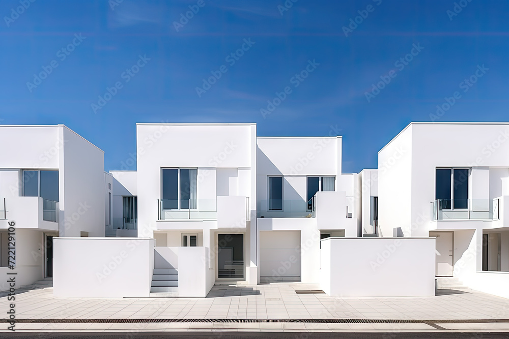 Modern white villas with a walkway. Perspective view