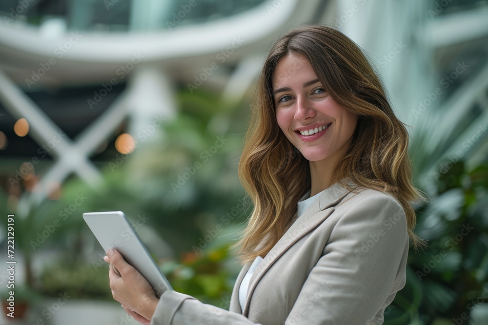 Business woman holding her tablet outside of office in business area