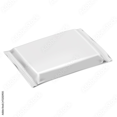 Flow pack packaging. Blank white pillow bag vector mock-up. Foil, paper or plastic pouch package realistic mockup. Template for design