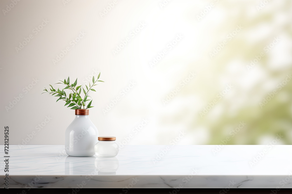 White vases with plantle table against white wall