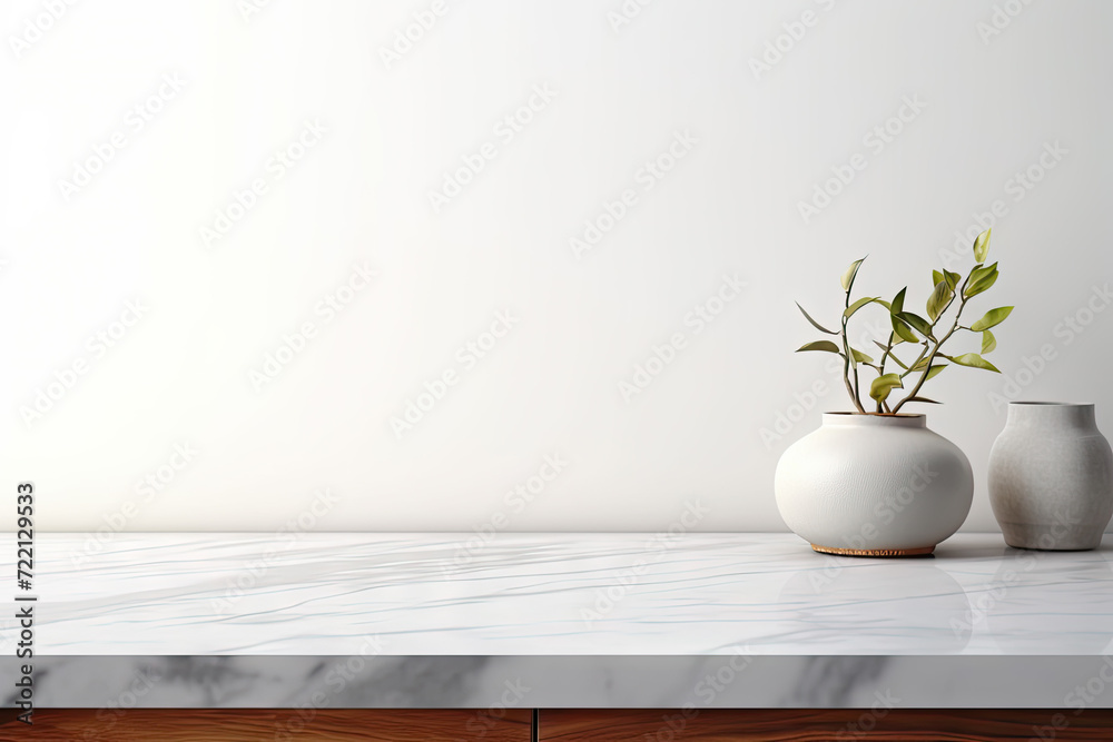 White vases with plantle table against white wall