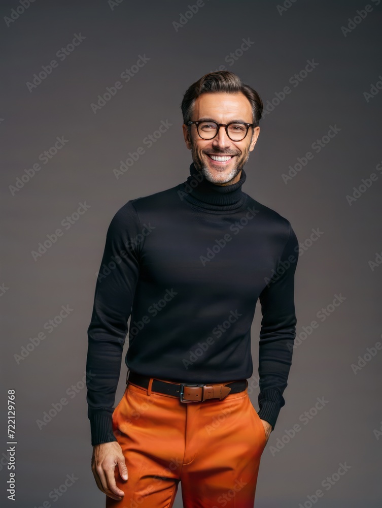 A man wearing glasses, a black turtleneck, and orange pants is smiling at the camera.