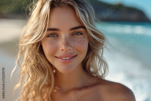 beautiful stylish blonde model, perfect skin, on the beach, happy smile