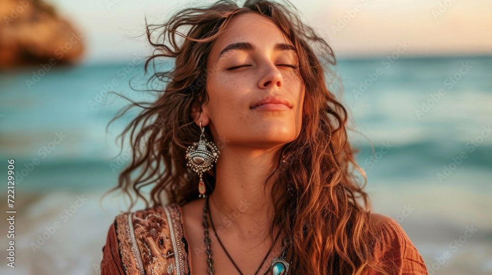 Boho style girl in Indian silver jewelry on the beach Boho style girl in Indian silver jewelry on the beach