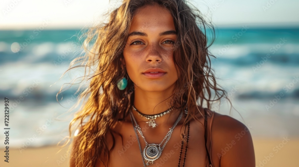 Boho style girl in Indian silver jewelry on the beach
