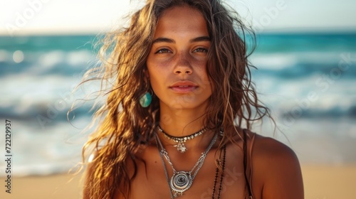Boho style girl in Indian silver jewelry on the beach