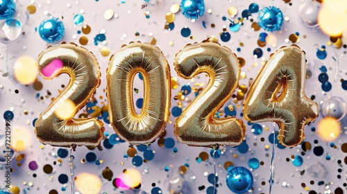 BOLD TEXT "2024" Illustration, Layout, celebration on isolated BACKGROUND, 2024 Happy New Year, Balloons, Confetti, Celebration, Party Celebration Poster, Banner. © Denis