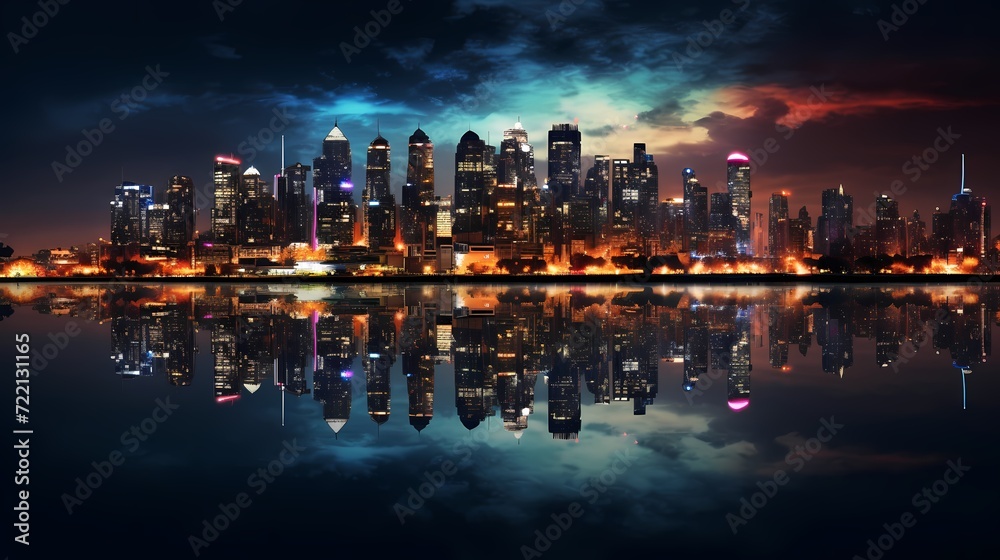 Urban skyline at night with city lights reflecting on calm water