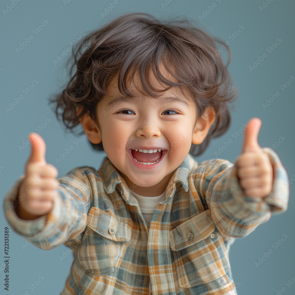 Fisheye view of a japanese kid boy jumping and thumbs pink background. Fisheye view of a japanese kid boy jumping and thumbs pink background.