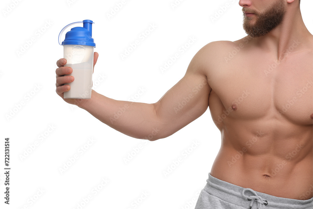 Young man with muscular body holding shaker of protein on white background, closeup Young man with muscular body holding shaker of protein on white background, closeup
