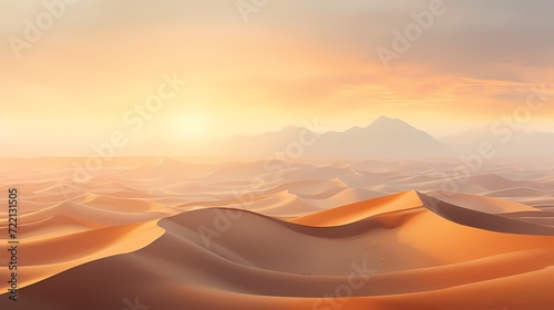 Vast desert landscape at sunrise, with golden hues painting the dunes and creating a breathtaking panorama © CREATER CENTER
