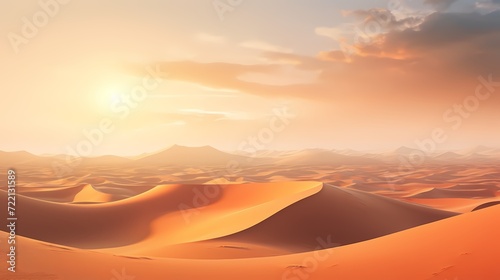 Vast desert landscape at sunrise  with golden hues painting the dunes and creating a breathtaking panorama