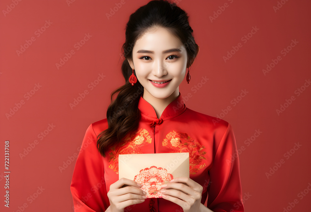A smiling Chinese woman in a traditional red dress holding a red envelope isolated on a red background, celebrating Chinese New Year. A smiling Chinese woman in a traditional red dress holding a red envelope isolated on a red background, celebrating Chinese New Year.