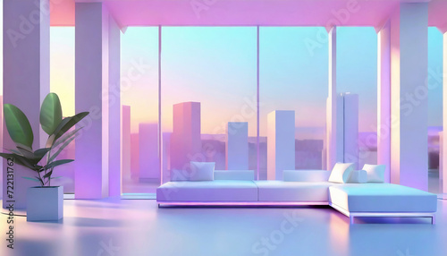 Uma sala ampla, realista, janela grande, cidade, prédios, sofá, plantas, minimalista, conceitual. photo