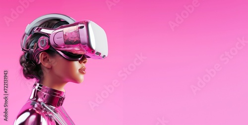 Virtual reality experience. Woman wearing virtual reality glasses in a futuristic space. 3D rendering. 