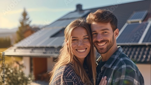 A young couple smiling and standing next to an energy sustainable house with solar panels